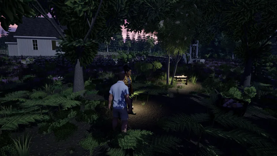 A survivor with a lantern in the dark garden by the white farmhouse.