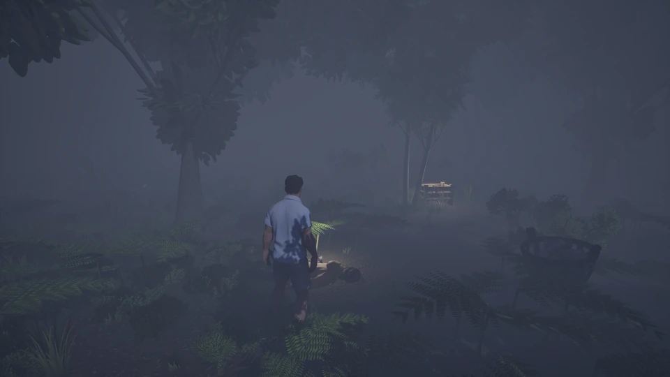 A survivor stands over a friend lying in thick mist.