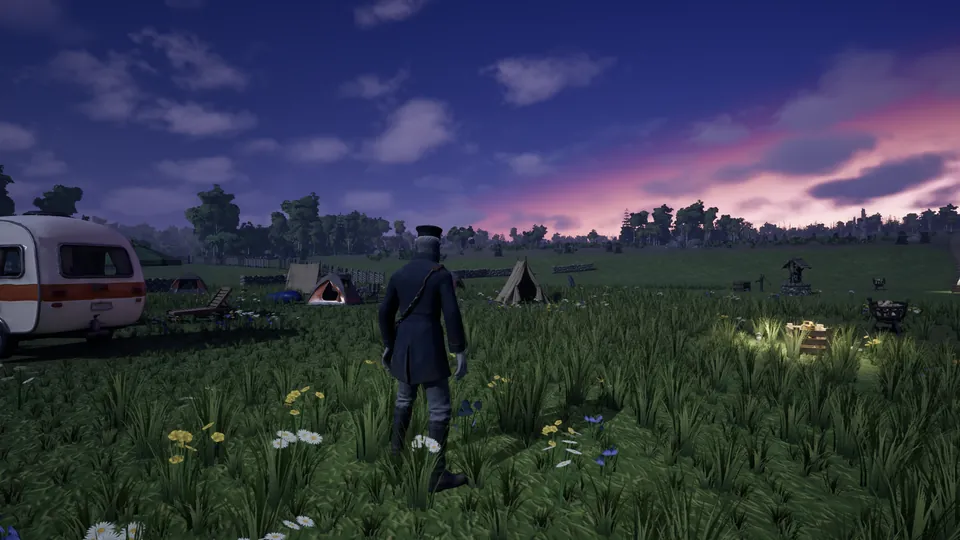 The Surveyor walks through a flowering meadow toward a lit camp with tents and an old caravan under a pink midsummer sky.