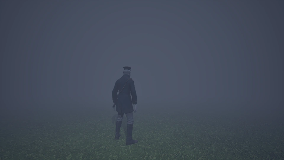 The Surveyor, a gaunt man in a long coat and cap, stands with his back to us in thick blue mist.