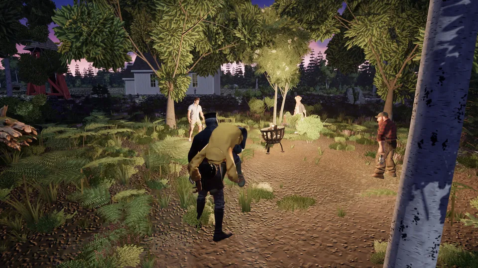 The Surveyor carries a downed survivor across a lit garden while the others watch from the fire.